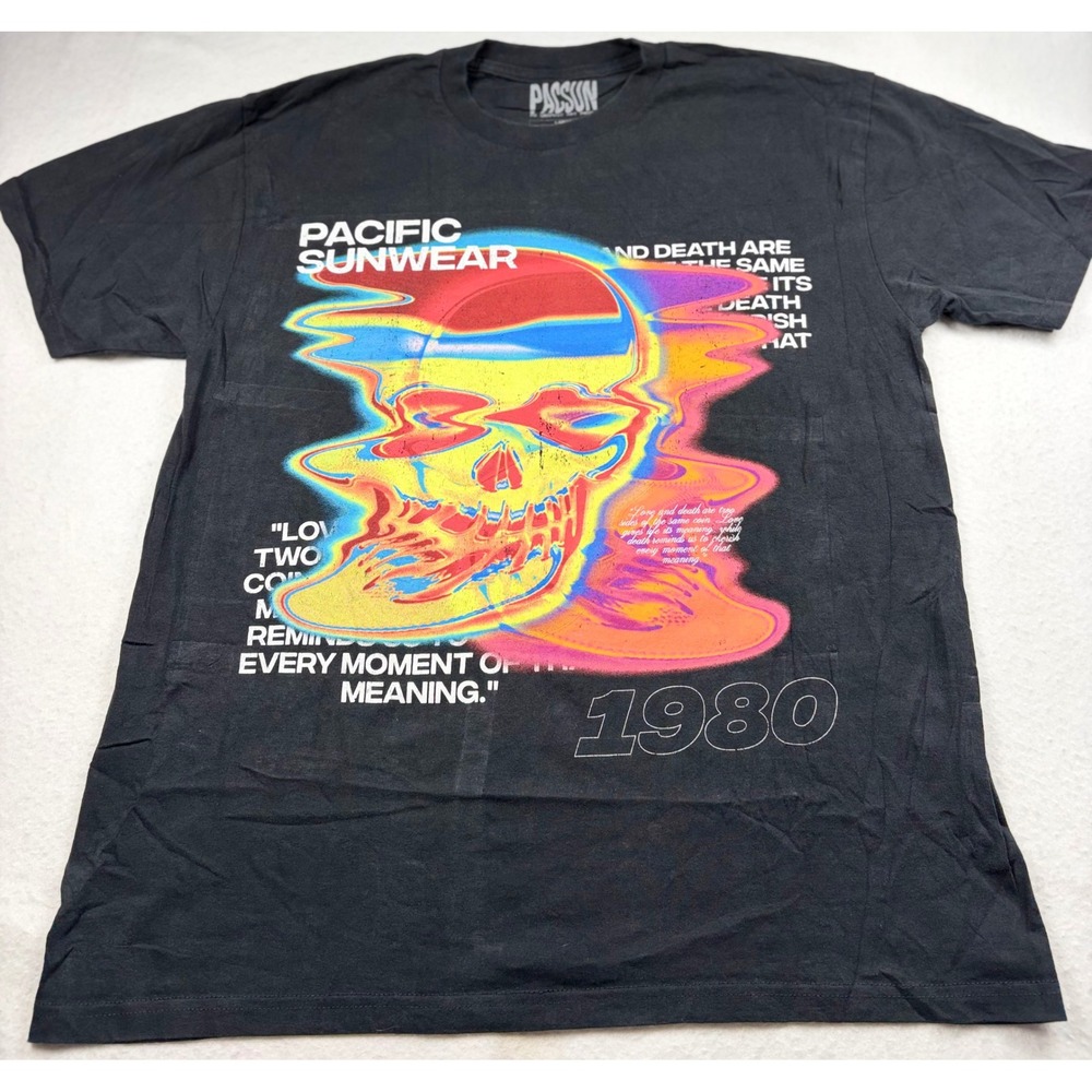 PacSun PS Graphic Art Program Skull T-Shirt Mens Large Black Distorted Heat Map